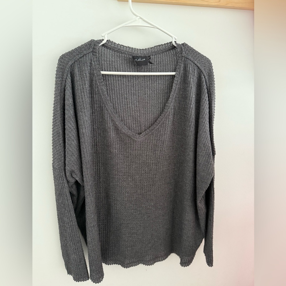 Urban Outfitters Out From Under Gray Waffle Weave V-Neck Thermal Oversized Shirt - Picture 3 of 5